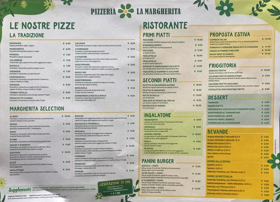 menù ristorante pizzeria la margherita