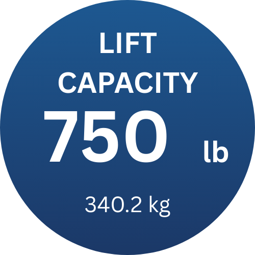 A blue circle with the words `` lift capacity 300 lb 136 kg '' written on it.