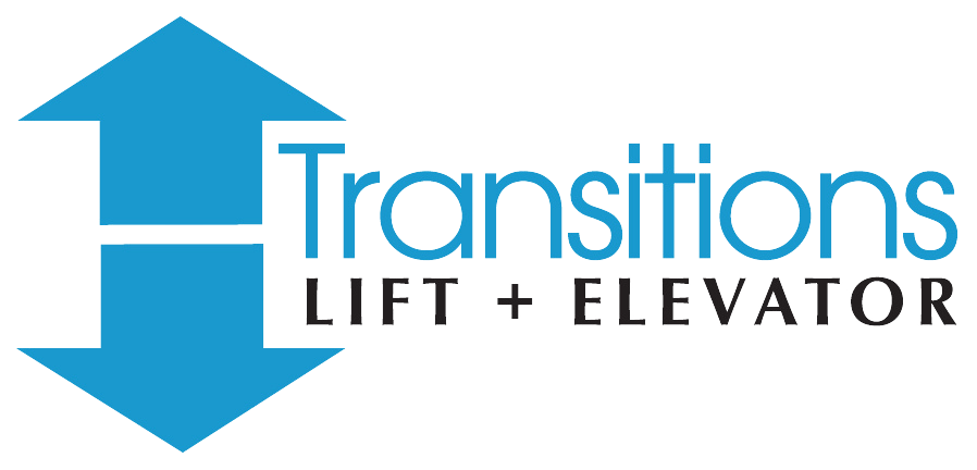 The logo for transitions lift and elevator has a blue arrow pointing up and down.