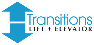 The logo for transitions lift and elevator has a blue arrow pointing up and down.