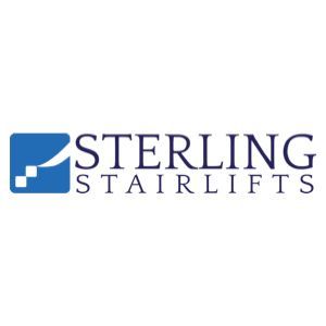 The logo for sterling stairlifts is blue and white