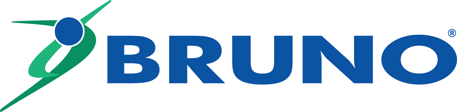 The logo for bruno is blue and green and has a blue ball in the middle.