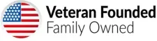 A veteran founded family owned logo with an american flag in a circle.