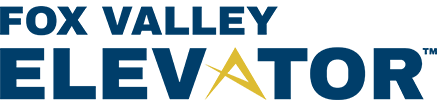 A blue and yellow logo for fox valley elevator