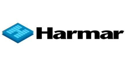 The harmar logo is blue and black with a blue diamond in the middle.