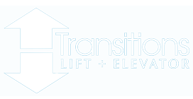 A white logo for transitions lift and elevator on a white background.