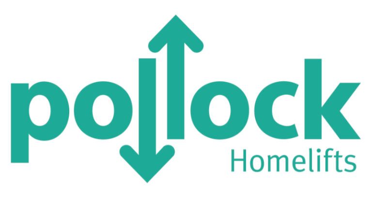 A logo for pollock homelifts with an arrow pointing up and down