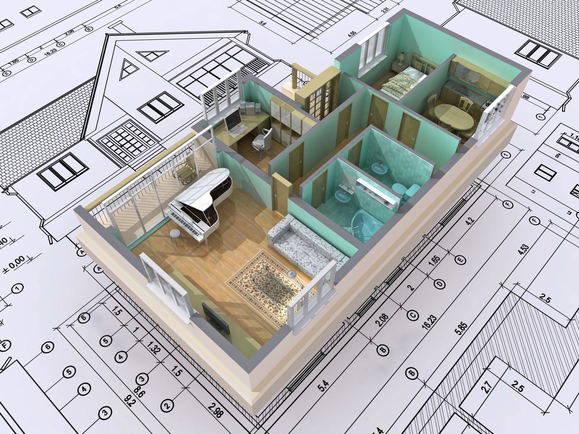 Modelo 3D de un plano de planta de una casa con habitaciones amuebladas en tonos verde azulado y madera sobre un plano arquitectónico.