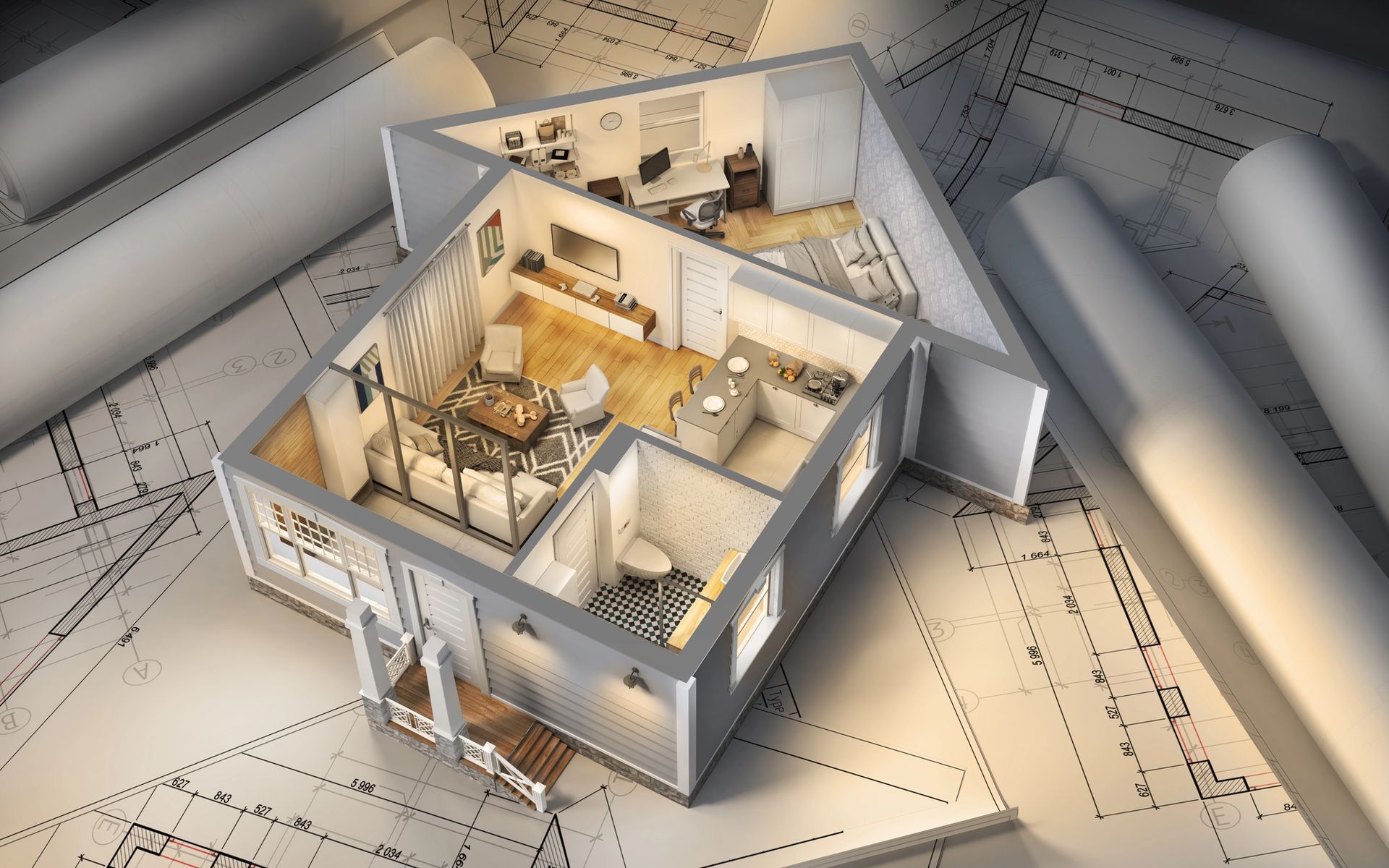 Plano 3D del interior de una casa pequeña con habitaciones amuebladas y paredes exteriores grises.