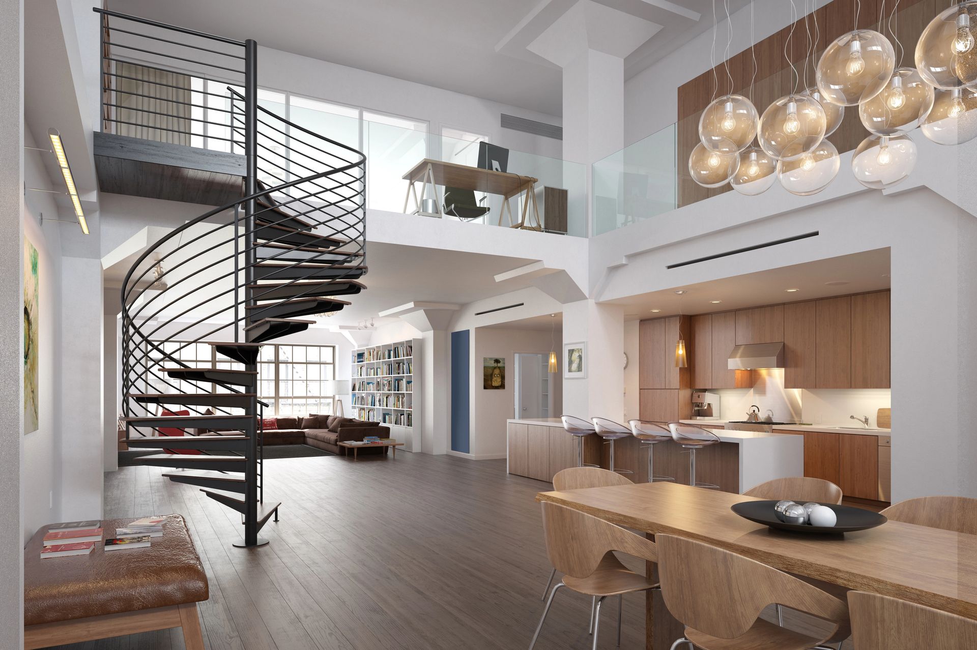 Interior de loft moderno con escalera de caracol, cocina abierta y zona de comedor bajo lámparas colgantes.