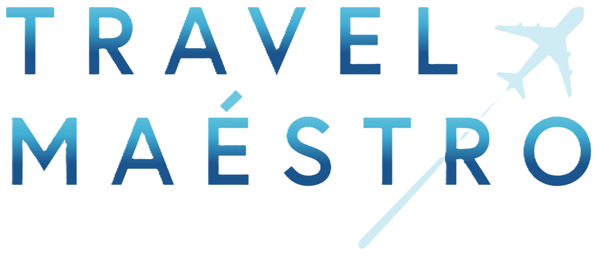 A logo for travel maestro, Travel Agent with an airplane in the background.