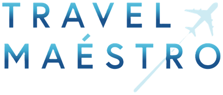 A logo for travel maestro, Travel Agent with an airplane in the background.