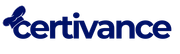 A blue and white logo for certivance on a white background