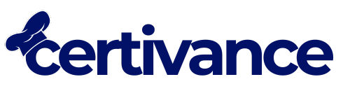 A blue and white logo for certivance on a white background