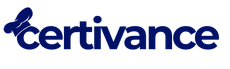 A blue and white logo for certivance on a white background