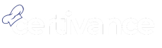 A blue and white logo for certivance on a white background