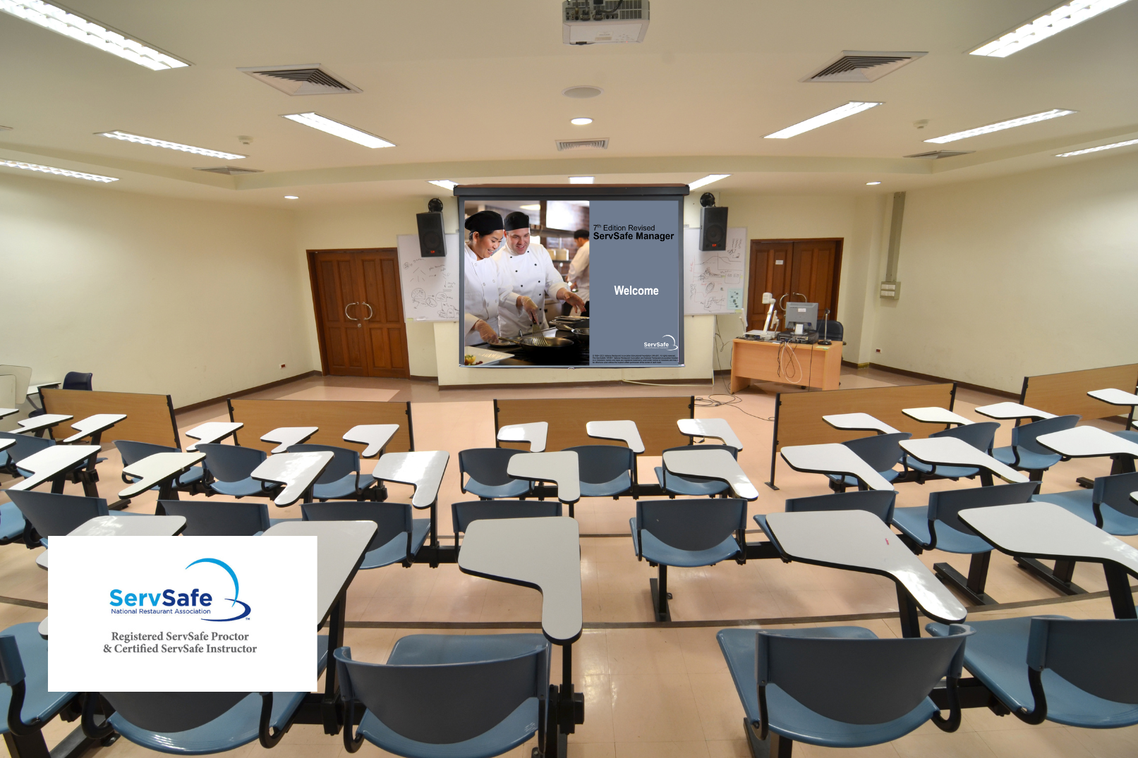 A classroom with tables and chairs and a sign that says servsafe