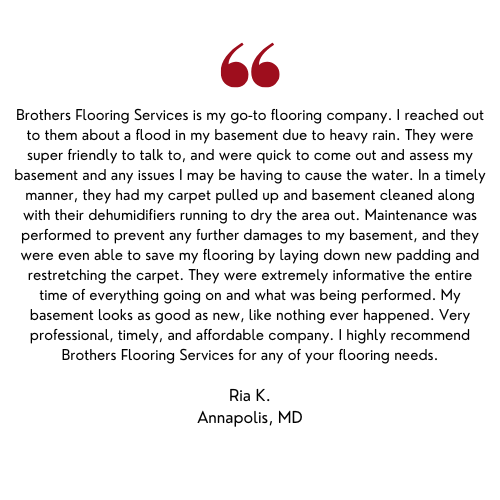 Testimonial from Ria K. of Annapolis, MD, praising Brothers Flooring Services for flood damage repair.