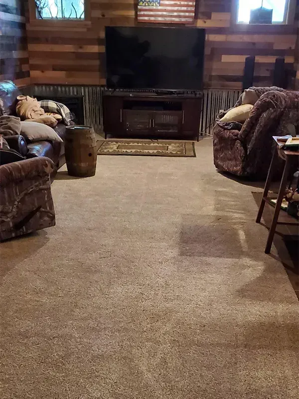 Living room with a large TV, two patterned armchairs, a wooden barrel, and a brown carpet. The wall is wooden planks.