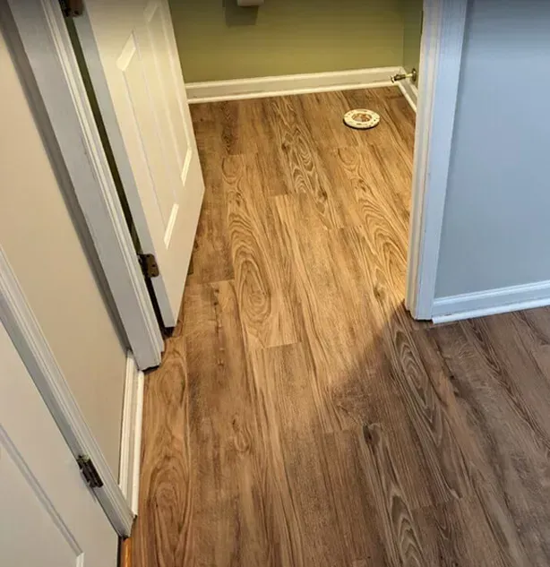 Wooden-look flooring in a small room, visible between two white doors and the light green wall.