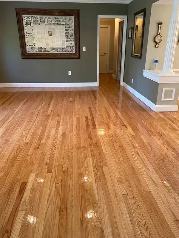 Shiny hardwood floors in a living room with olive green walls and a large framed artwork.