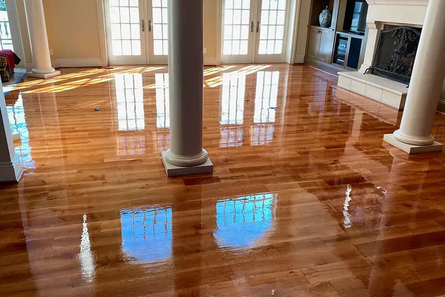 Shiny wooden floor reflecting sunlight and french doors in a large room with columns and a fireplace.