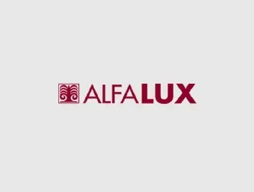 Logo for AlfaLux, a company, with the name in red beside a red decorative square.