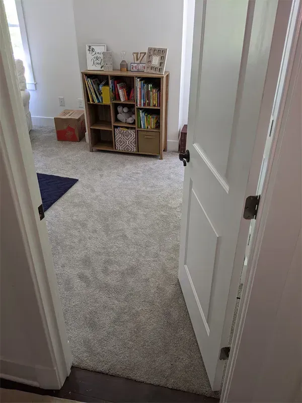 Open doorway into a room with light gray carpet, a bookshelf, and a window. The door is white with a black handle.
