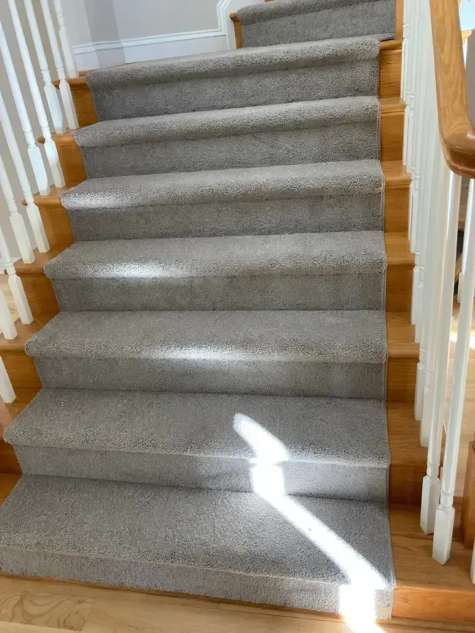 Carpeted staircase with light gray steps, wood risers, and white balusters along the sides.