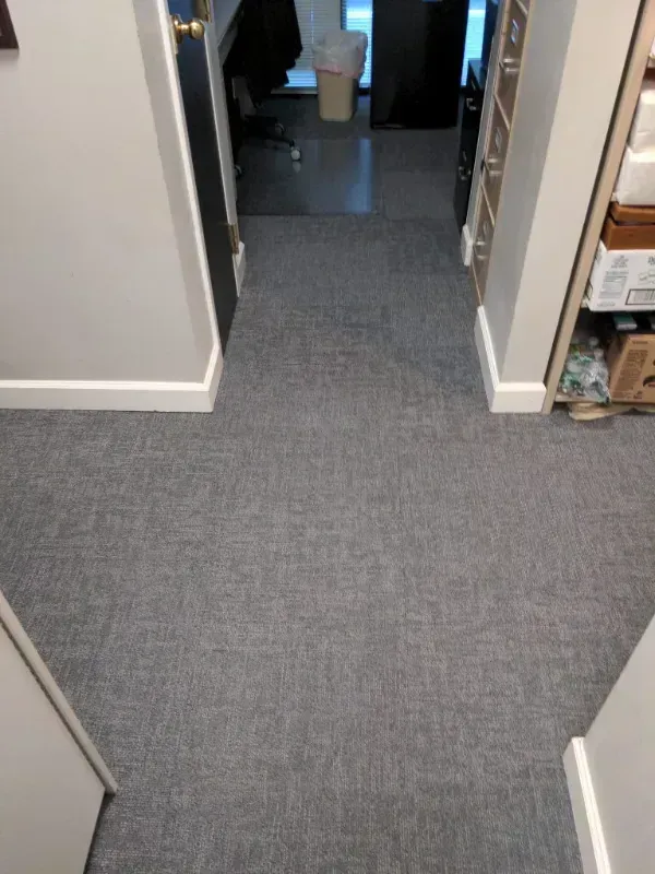 Narrow hallway with gray carpet, flanked by white walls and a shelf unit on the right. 