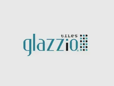 Logo for Glazzio Tiles, featuring teal text and a stylized tile pattern in blue and black.