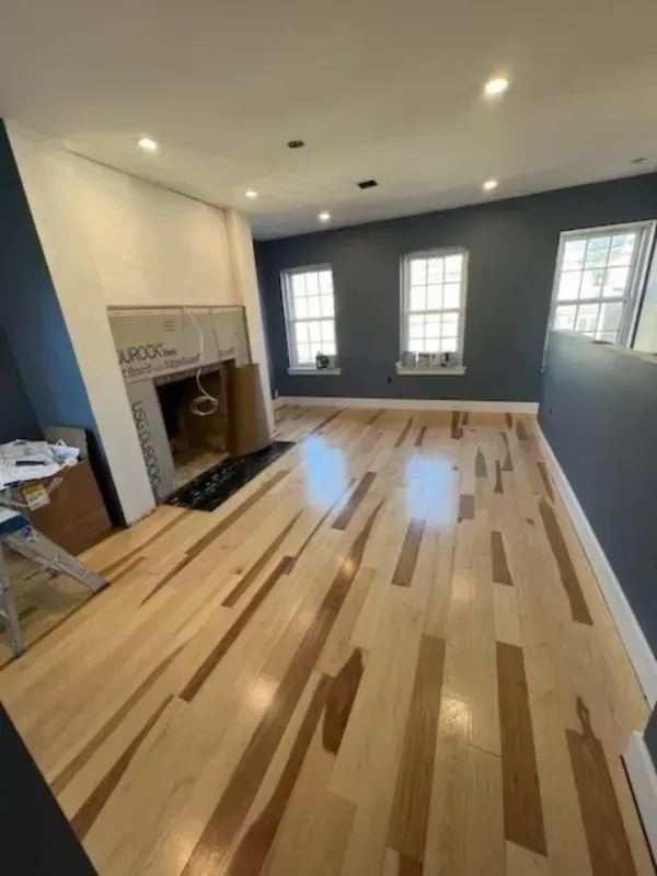 Newly renovated living room with hardwood floors, fireplace, and blue walls. Two windows provide natural light.