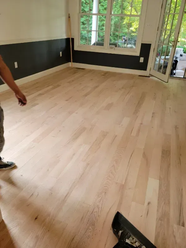 Light wood flooring in a room with a dark gray accent wall. A person is partially visible, possibly assessing the floor.
