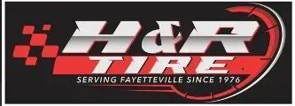 Logo for H&R Tire, a tire shop in Fayetteville. Features the company name in white/red against a black background.