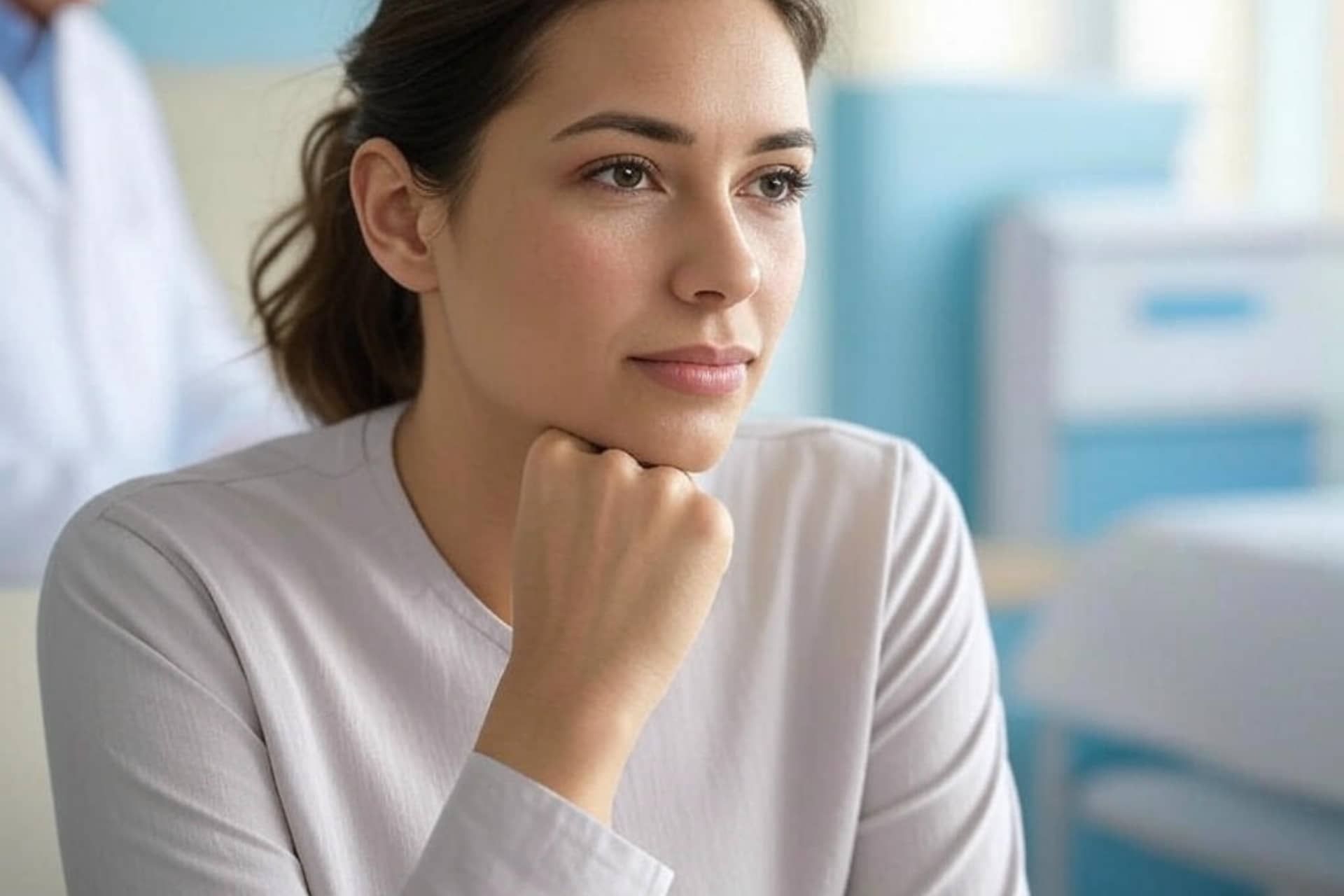 Woman considering birth control options during a consultation at Clinica Santa Maria in Brownsville, Texas