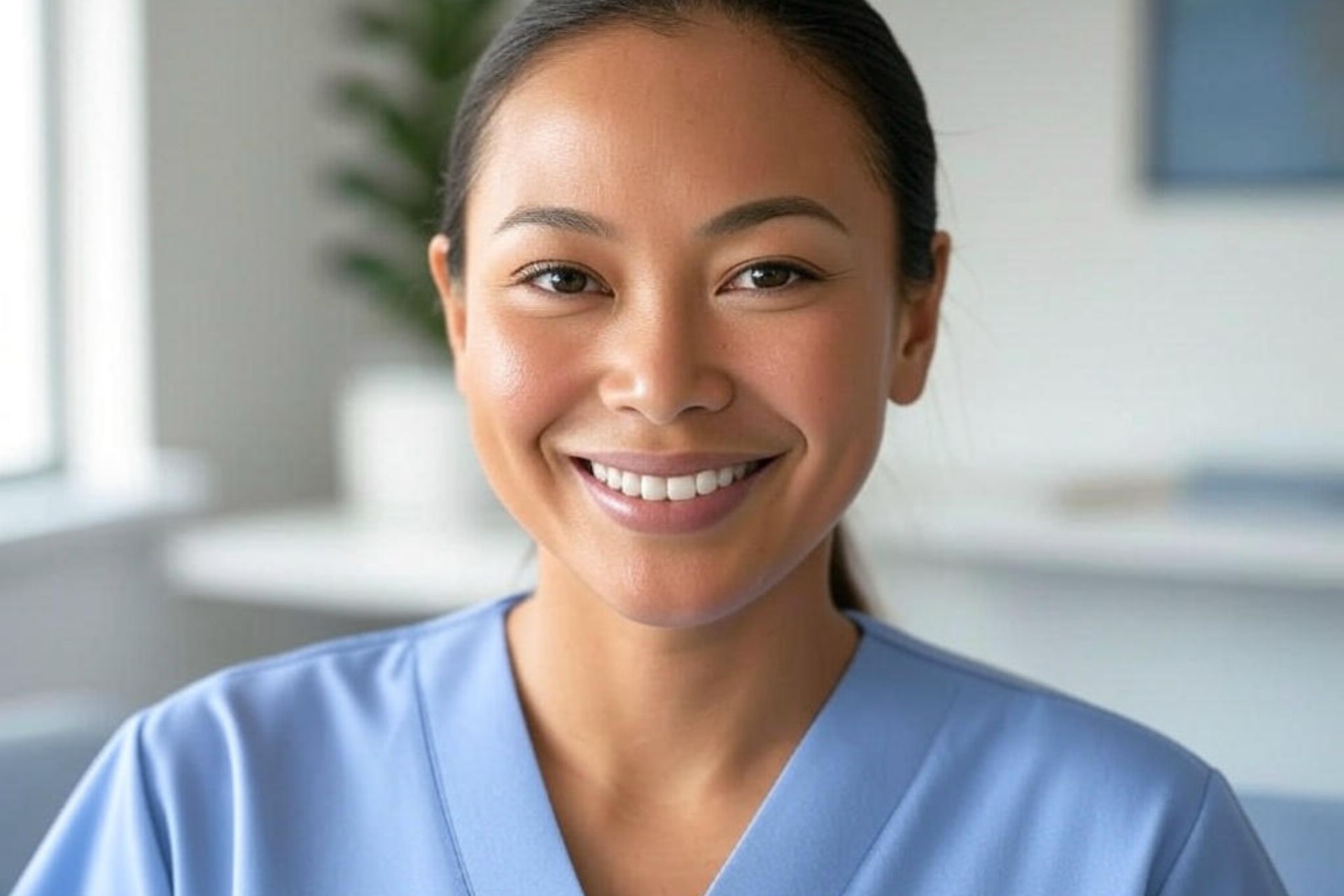 Smiling female medical assistant at Clinica Santa Maria Women’s Health Clinic in Brownsville, TX.