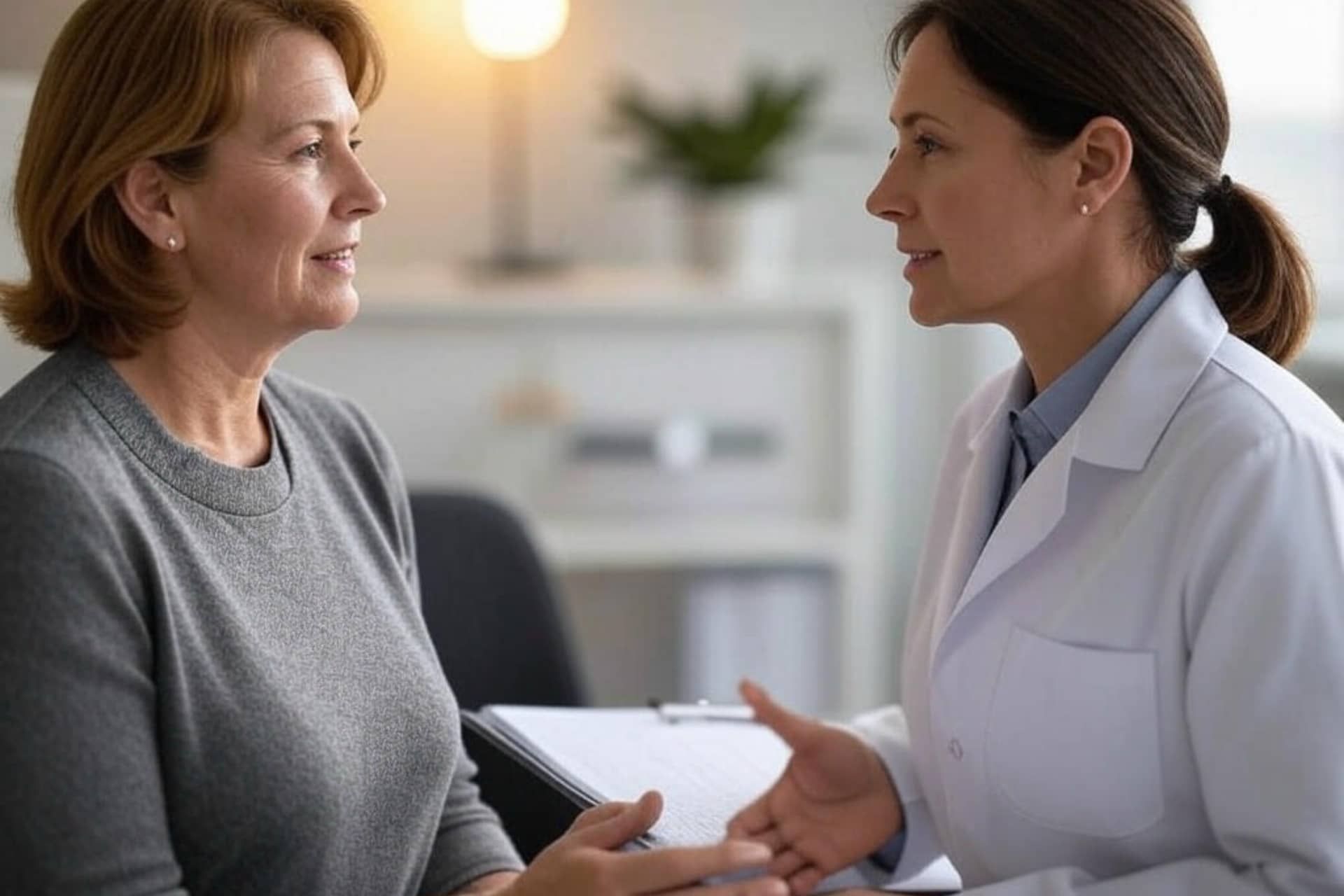 Clinician speaking with a patient about menopause treatment options at Clinica Santa Maria in Brownsville, TX