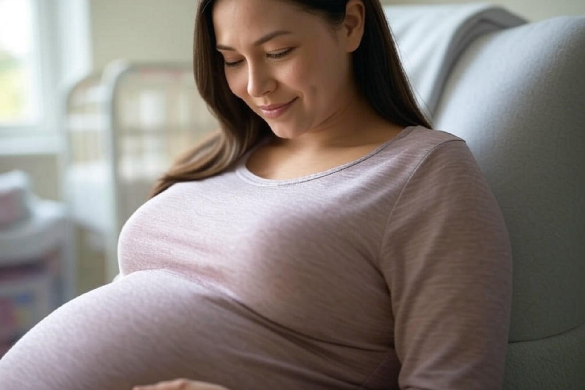 Smiling pregnant woman sitting and holding belly at Clinica Santa Maria OBGYN clinic in Brownsville, TX.