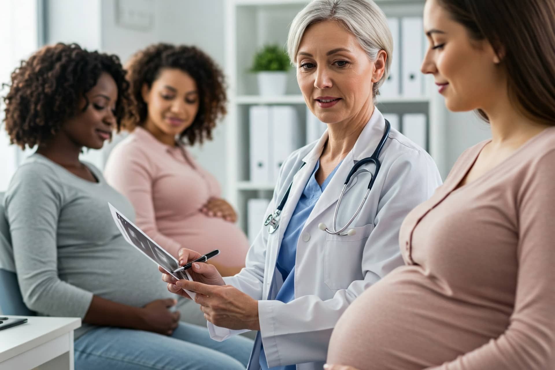 Pregnant women receiving prenatal consultation at Clinica Santa Maria in Brownsville, TX