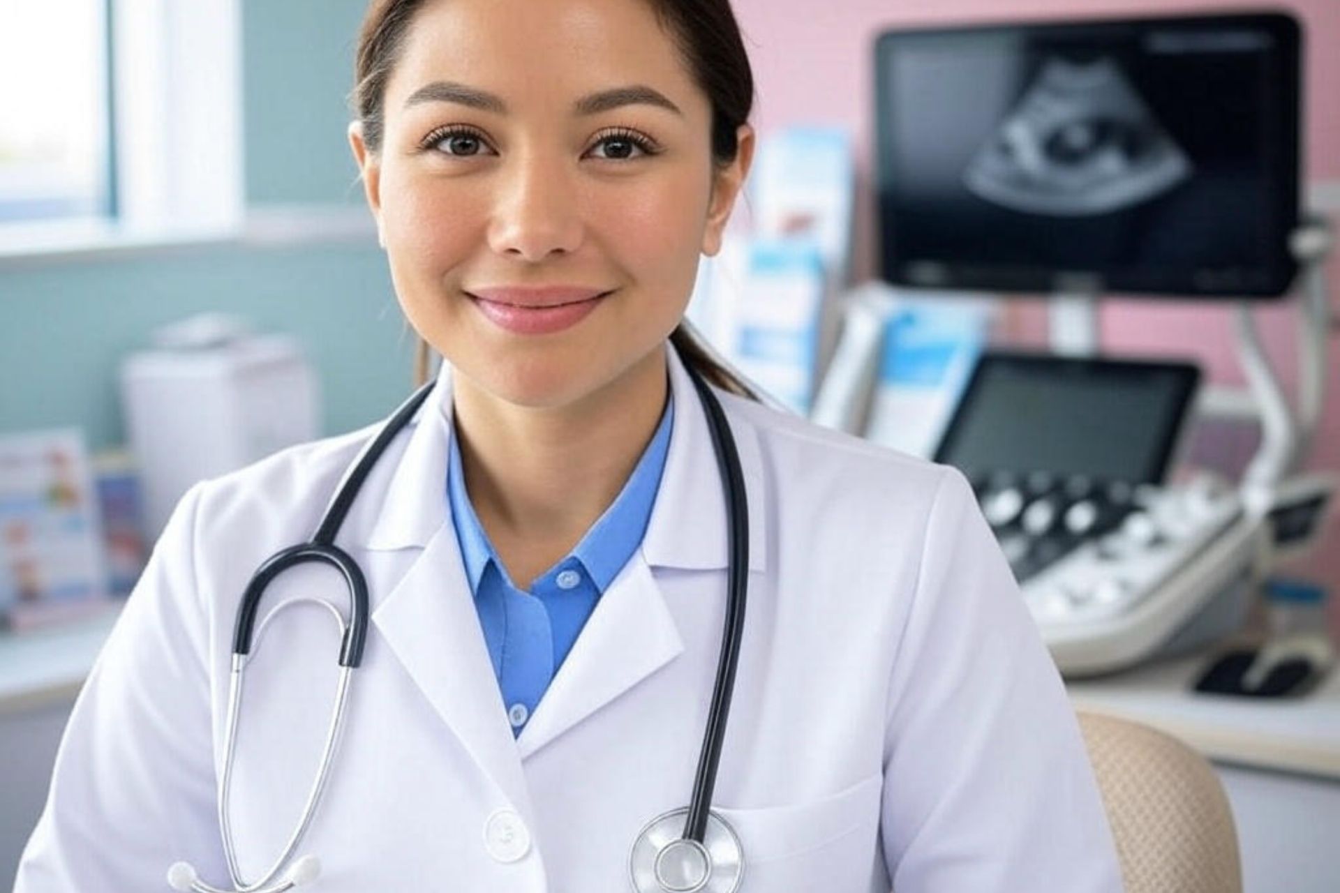 Female doctor smiling in exam room at Clinica Santa Maria Women’s Health Clinic in Brownsville, TX.