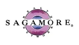 The sagamore logo is a pink and blue circle with the words sagamore written inside of it.