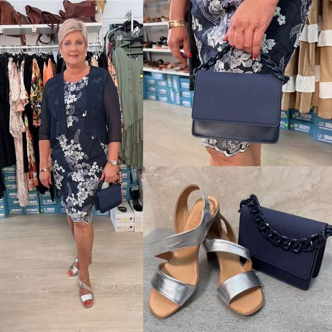 Women Wearing A Blue Dress With Blue Bag & Silver Heeled Sandals — Zest Boutique in Yeppoon, QLD
