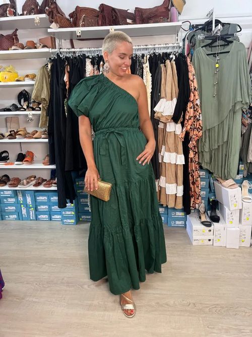 Woman Wearing Green Elegant Asymmetric Dress — Zest Boutique in Yeppoon, QLD