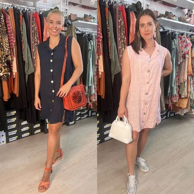 Two Women Wearing Buttoned Down Dress — Zest Boutique in Yeppoon, QLD