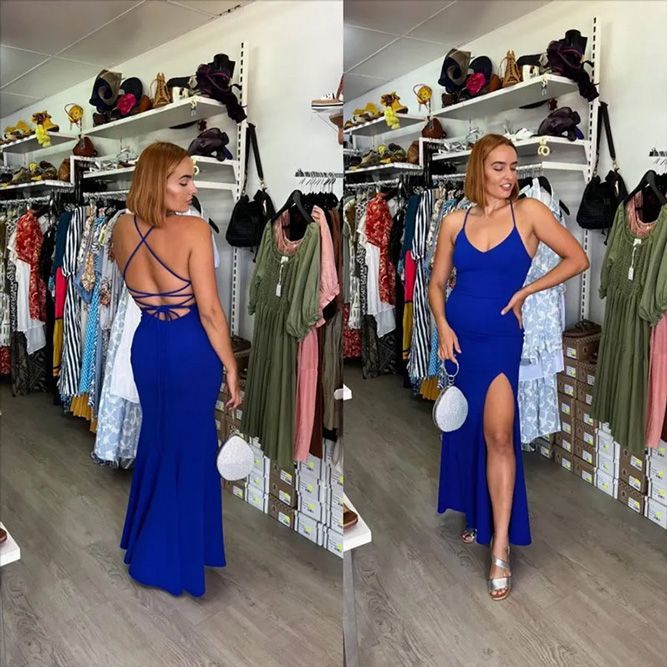 Blue Slit Dress With Lace Up Back — Zest Boutique in Yeppoon, QLD