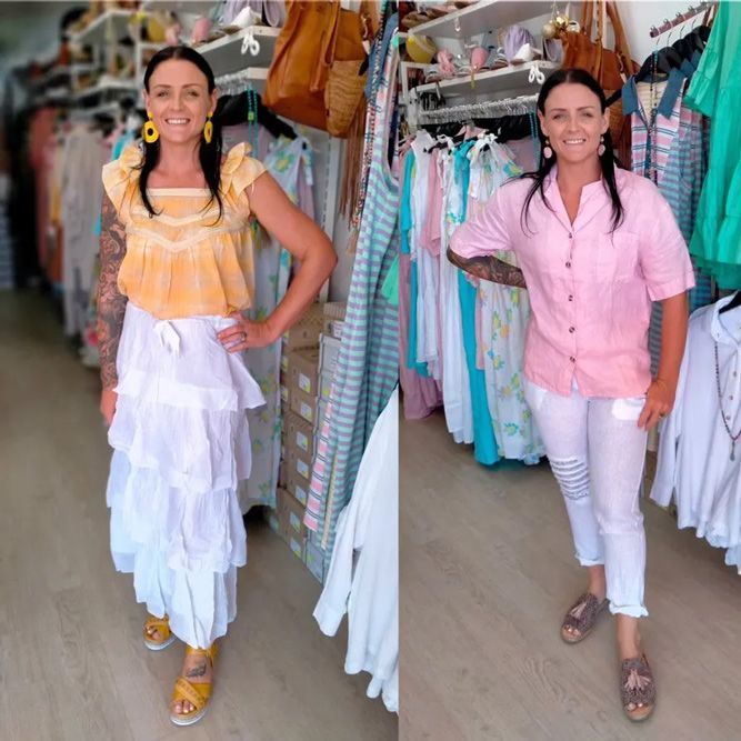 Woman Wearing Sleeveless Tops With Skirt And Pink Polo With White Pants — Zest Boutique in Yeppoon, QLD