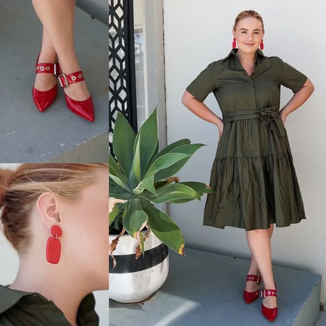 Woman Wearing Moss Green Dress, Red Sandals With Heels And Red Earrings — Zest Boutique in Yeppoon, QLD