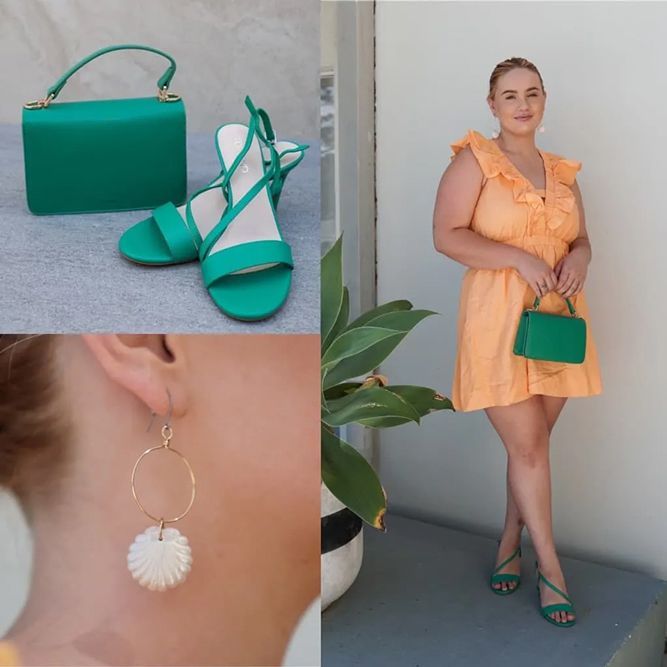 Woman Wearing Orange Dress With Green Sandals And Bag And White Earrings — Zest Boutique in Yeppoon, QLD