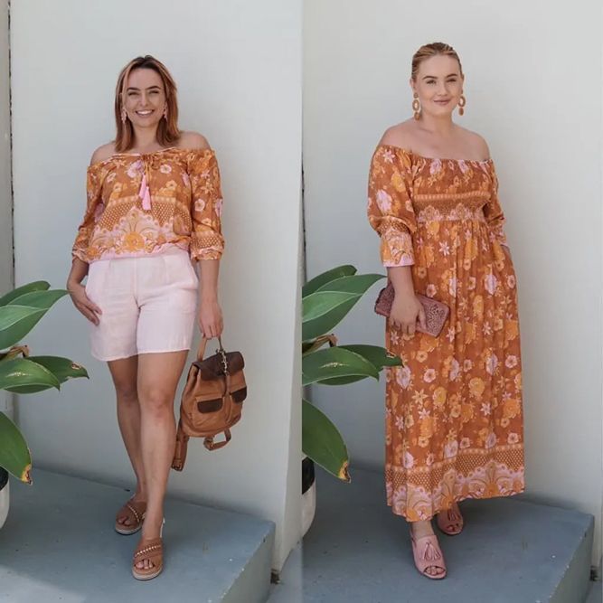 Woman Wearing Bohemian Off Shoulder Blouse And Short While Holding Her Bag And The Other One Wearing Bohemian Off Shoulder Dress — Zest Boutique in Yeppoon, QLD