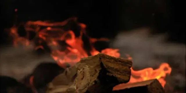 Fire burning in the dark, with orange flames and smoky wisps around the wood logs.